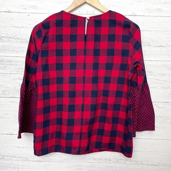 J. Crew Mercantile Women's Top Red & Navy Blue Plaid Flannel Bell Sleeves size 2 - Picture 3 of 7